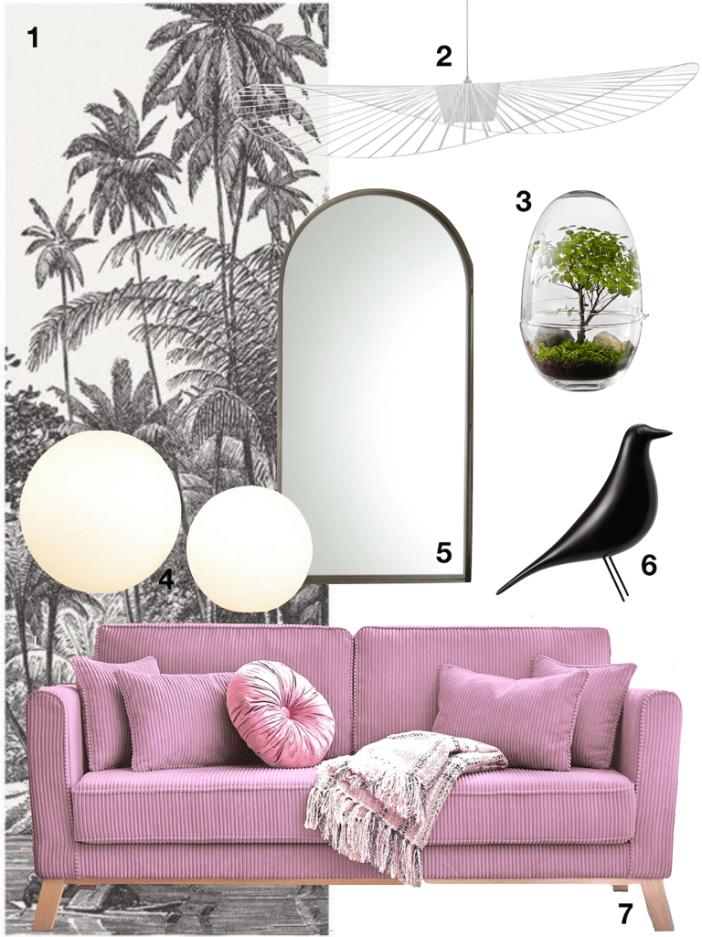 shopping liste canapé velours côtelé rose miroir oiseau eames vertigo - blog déco - clematc
