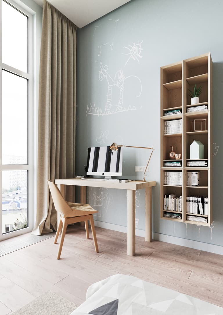 espace bureau bois chambre enfant mur tableau vert pâle