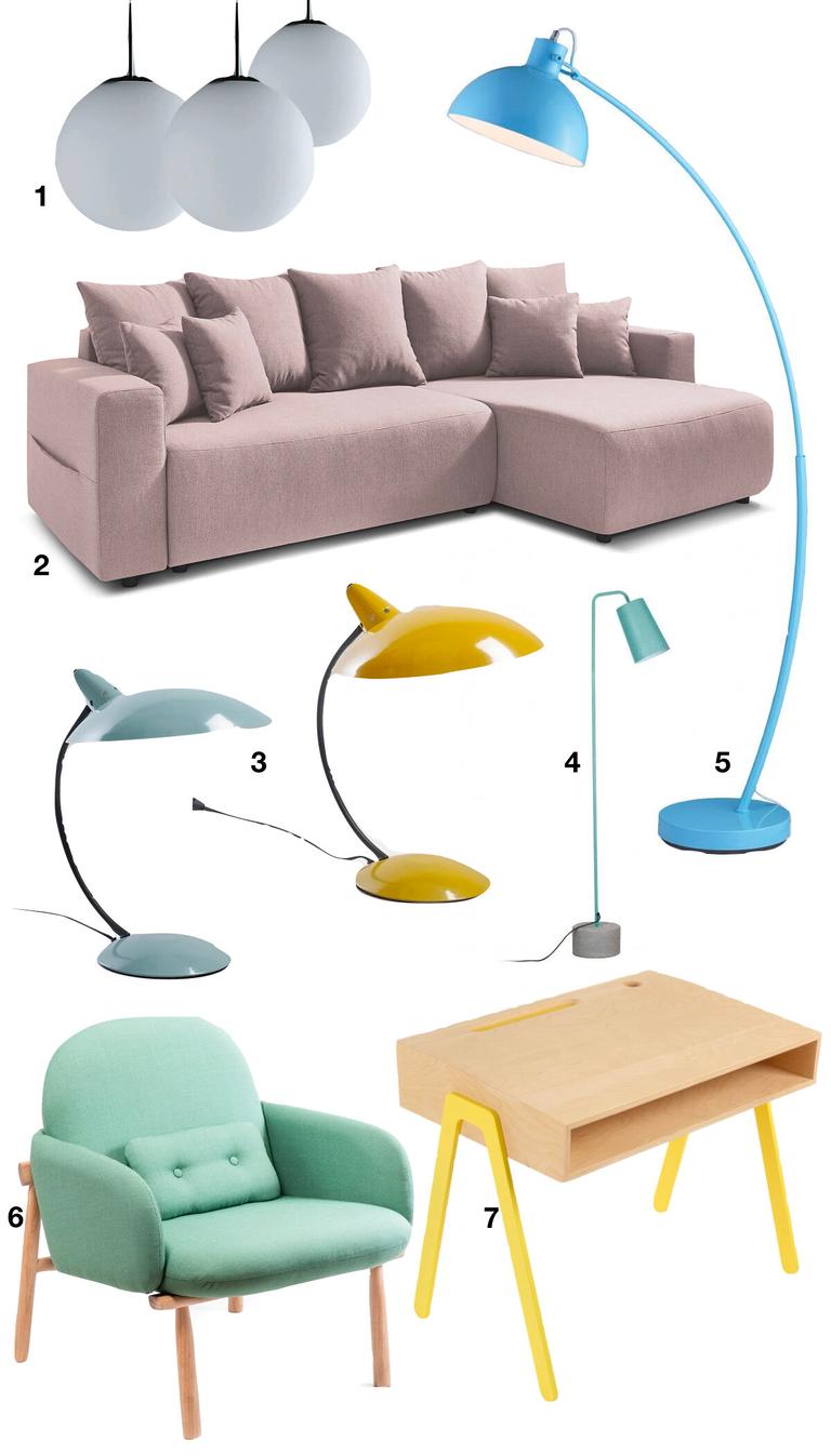 intérieur couleurs pastel salon rose poudré canapé lin bureau jaune fauteuil vert pâle