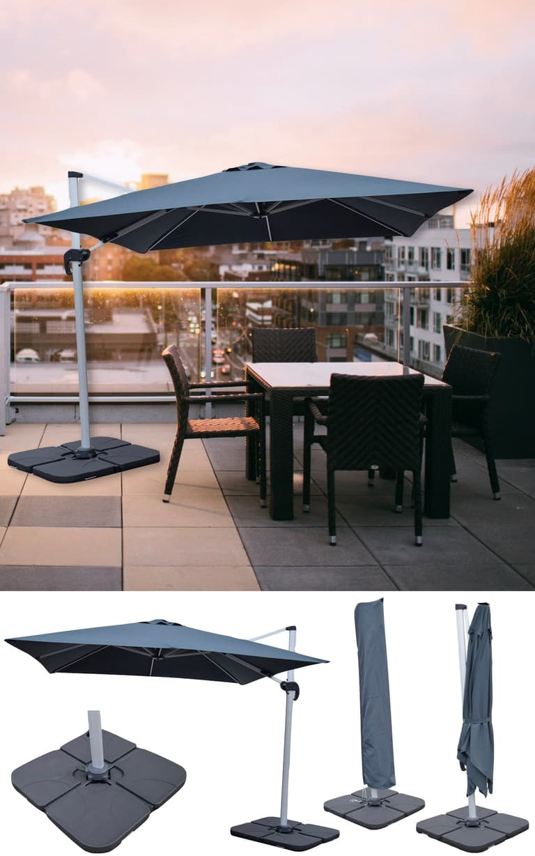 Parasol déporté gris installé sur une terrasse