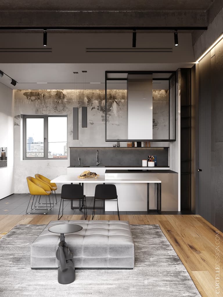cuisine ouverte loft à Moscou ilot central table repas
