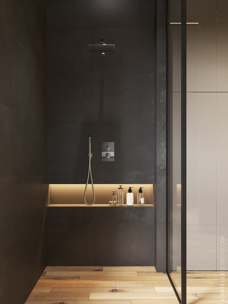 douche italienne carrelage imitation parquet mur noir mat coffre laiton doré