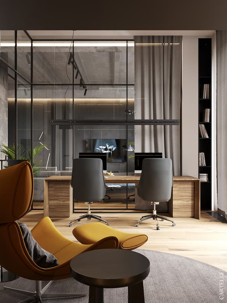 espace télétravail maison loft à Moscou verrière salon design moderne