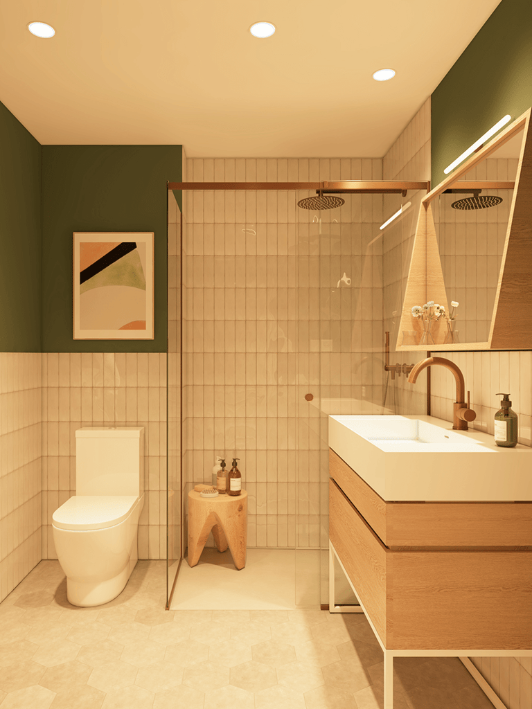 salle de bain résidence appartement pour senior à Barcelone blanche kaki