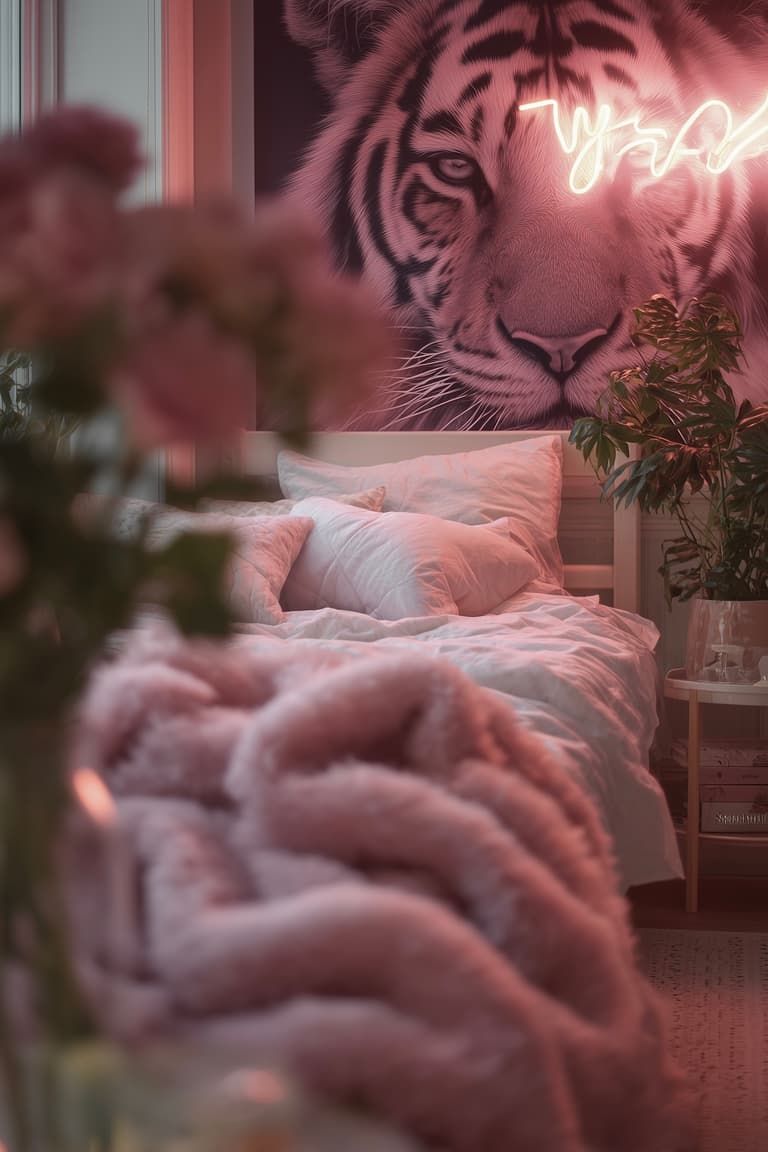 chambre fille rose tigre néon mural