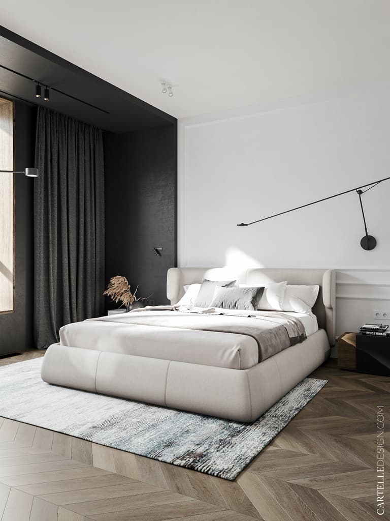 chambre moderne appartement noir blanc bois style Haussmann plafond sombre
