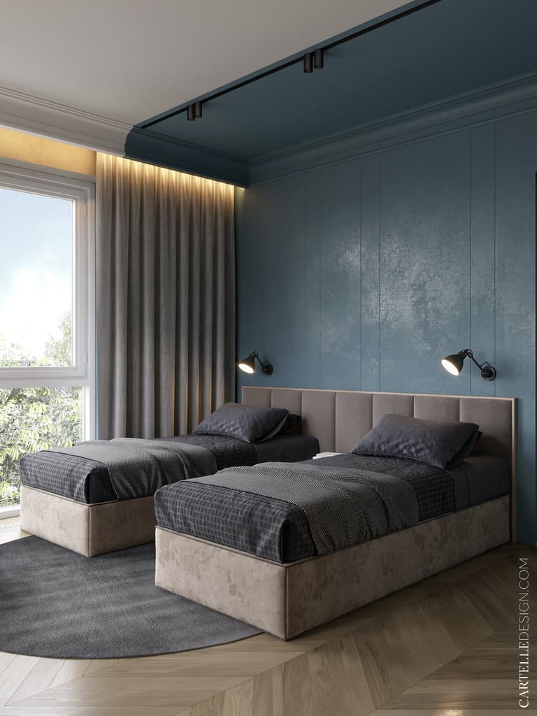 chambre pour 2 enfants bleu gris double aménagement conseil lit moderne