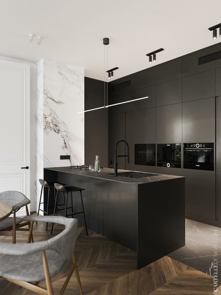 cuisine noire mat placard plan de travail marbre sombre revêtement mural carrelage marbré blanc gris