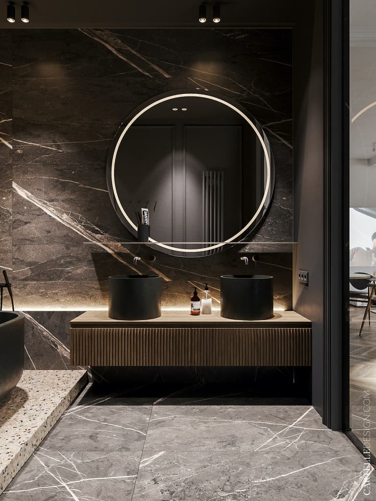 salle de bains noire miroir rond mur marbre grès- cérame - blog déco - clemaroundthecorner