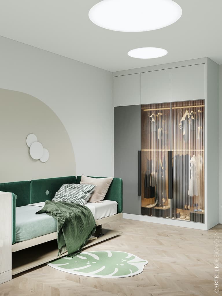 chambre enfant déco gris bois verte placard transparent décoration nature