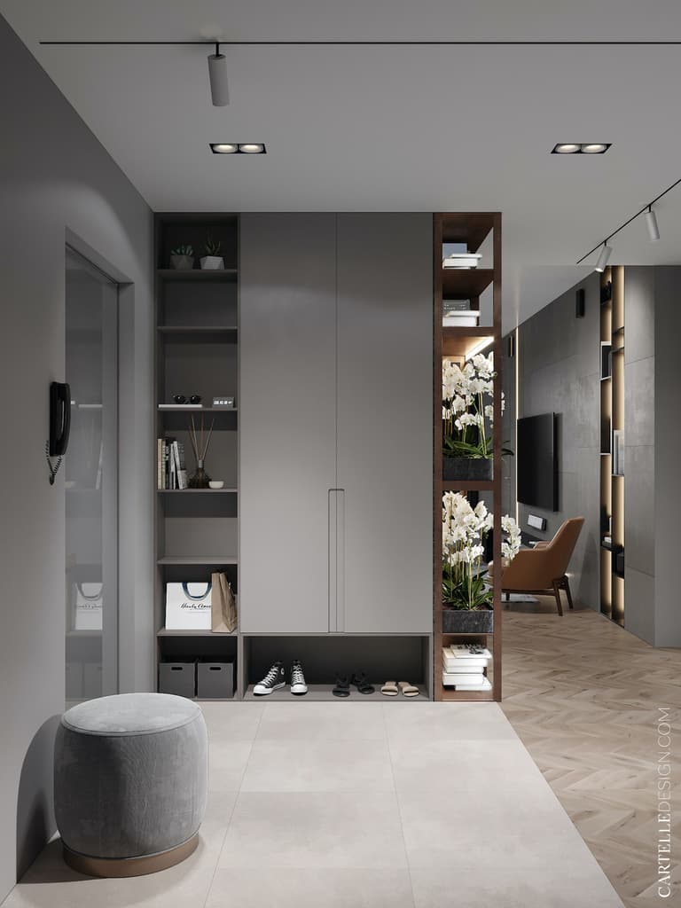 entrée déco gris bois vitrine fleur - blog décoration - clem around the corner