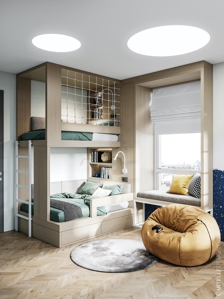 lit superposé effet cabane chambre déco gris bois vert