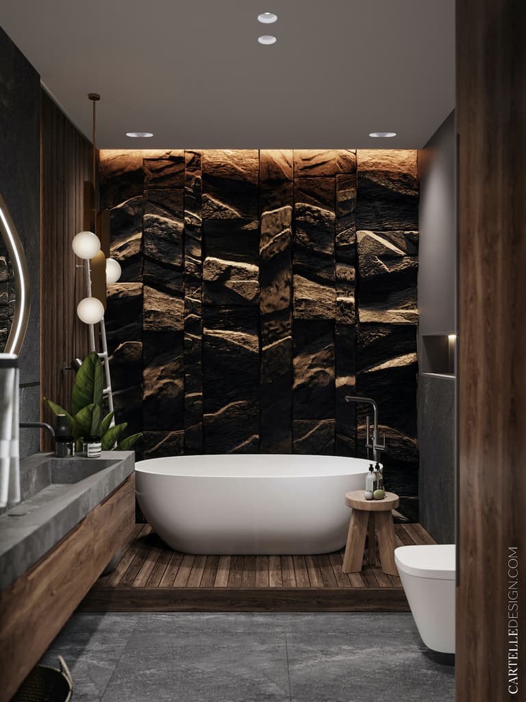 salle de bain gris bois foncé baignoire blanche ilot