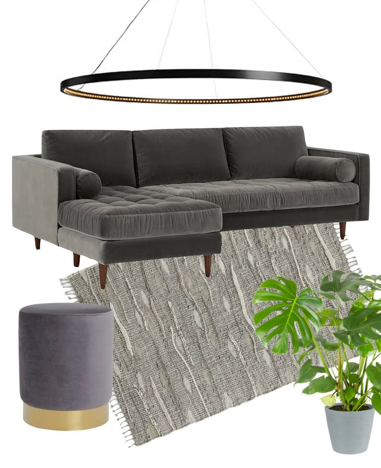 salon gris couleur canapé angle méridienne velours lit pouf rond.001