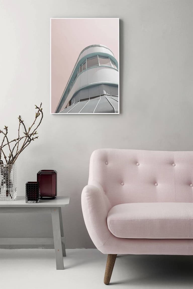 canapé rose pastel pied bois deco scandinave