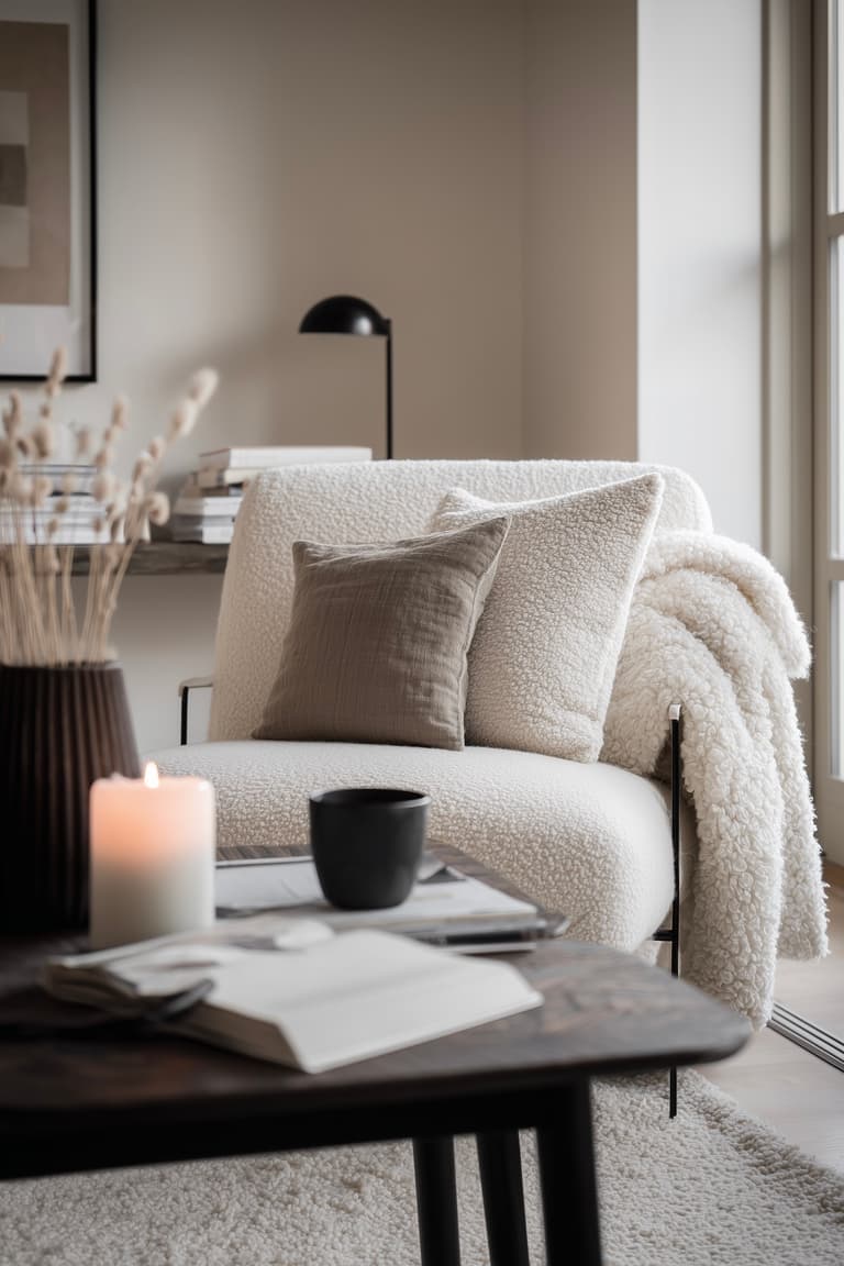 salon déco bois foncé blanc tissus bouclettes