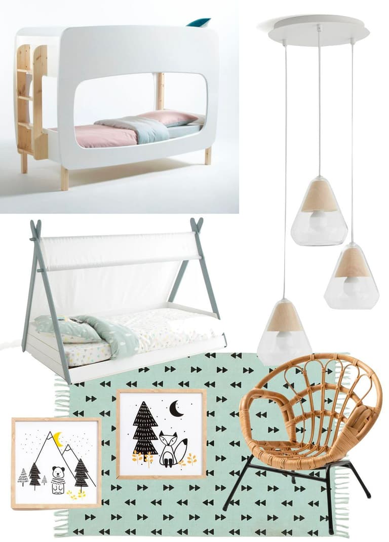 aménagement chambre 2 3 enfants bois vert menthe pastel déco