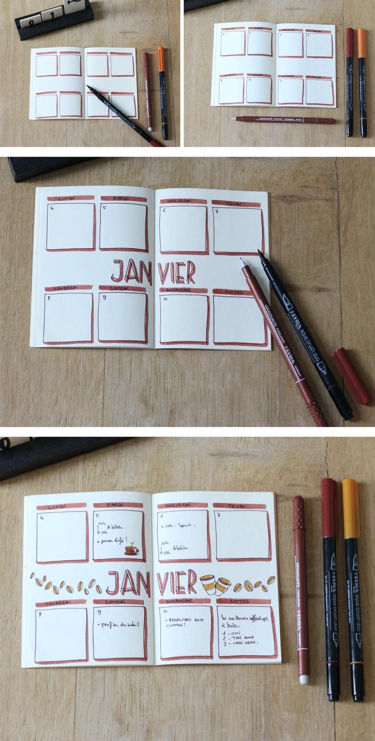 Calendrier Bullet Journal décoré dans des tons café et beige