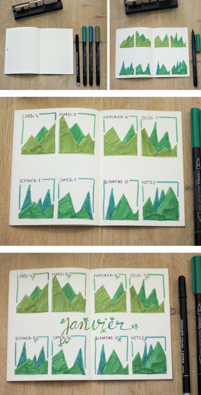 Mise en page de calendrier Bullet Journal décorée de montagnes et de feuillages