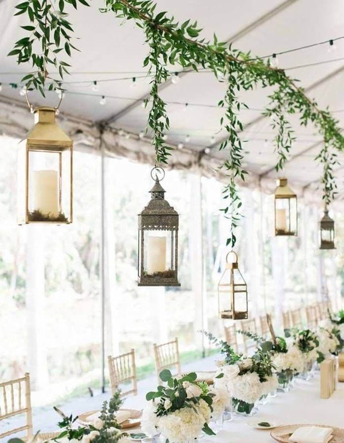 suspension lanterne métallique bougie guirlande lumineuse décoration mariage blanc