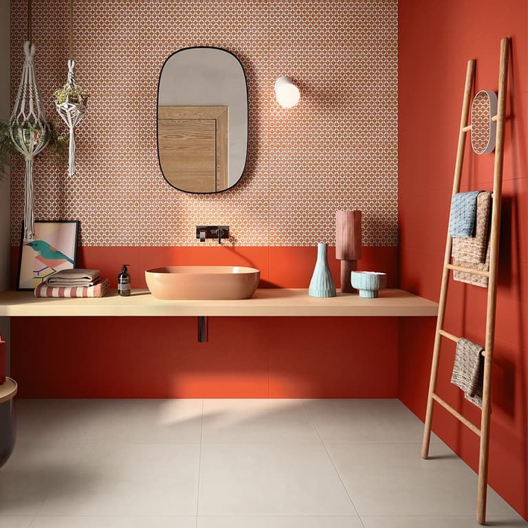 crédence salle de bain rouge mobilier sèche serviette bois blog deco