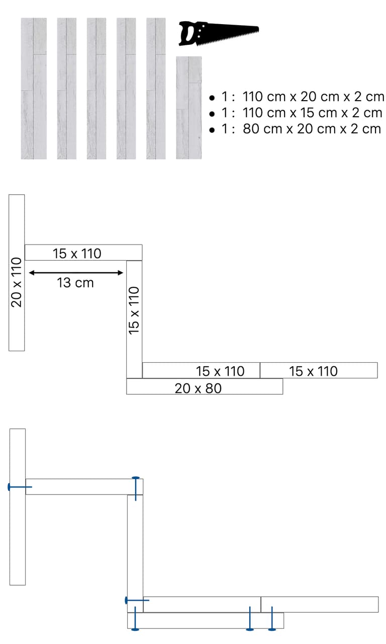 schéma fabriquer table suspendue balcon gain de place bois
