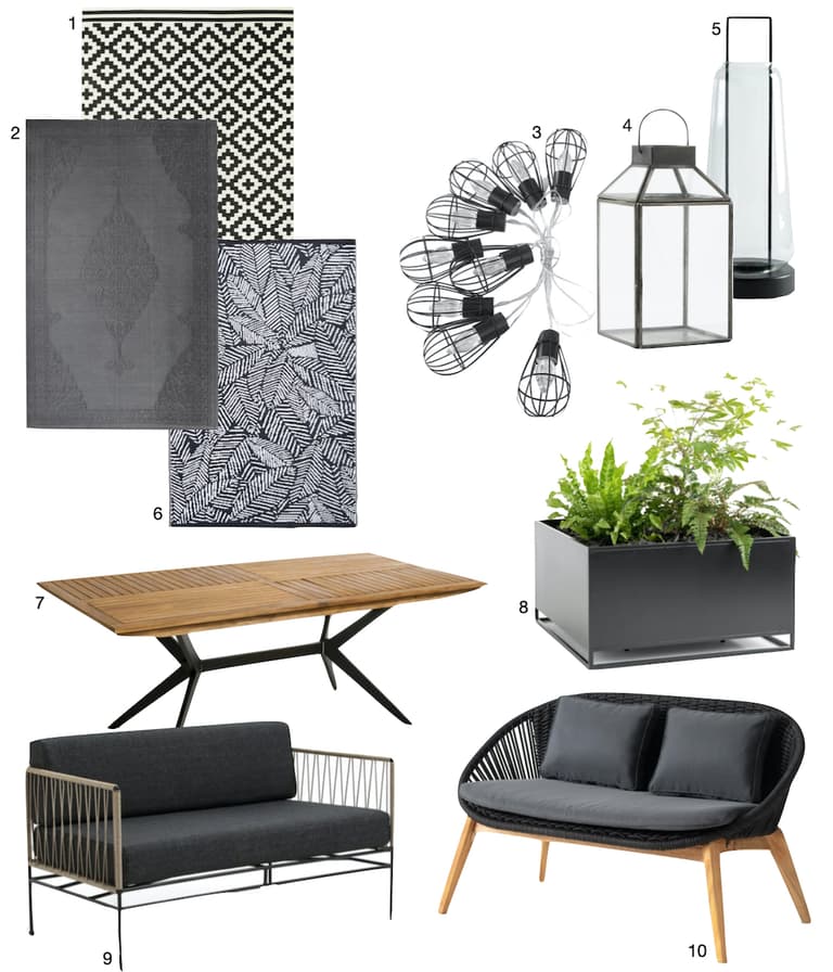 canapé tapis lanterne noire et blanc table bois