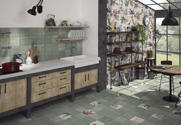 carrelage en ciment motif végétaux cuisine ouverte véranda