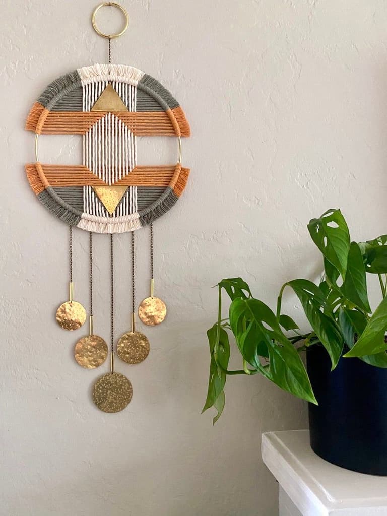 deco murale macramé rond marron orange blanc beige laiton