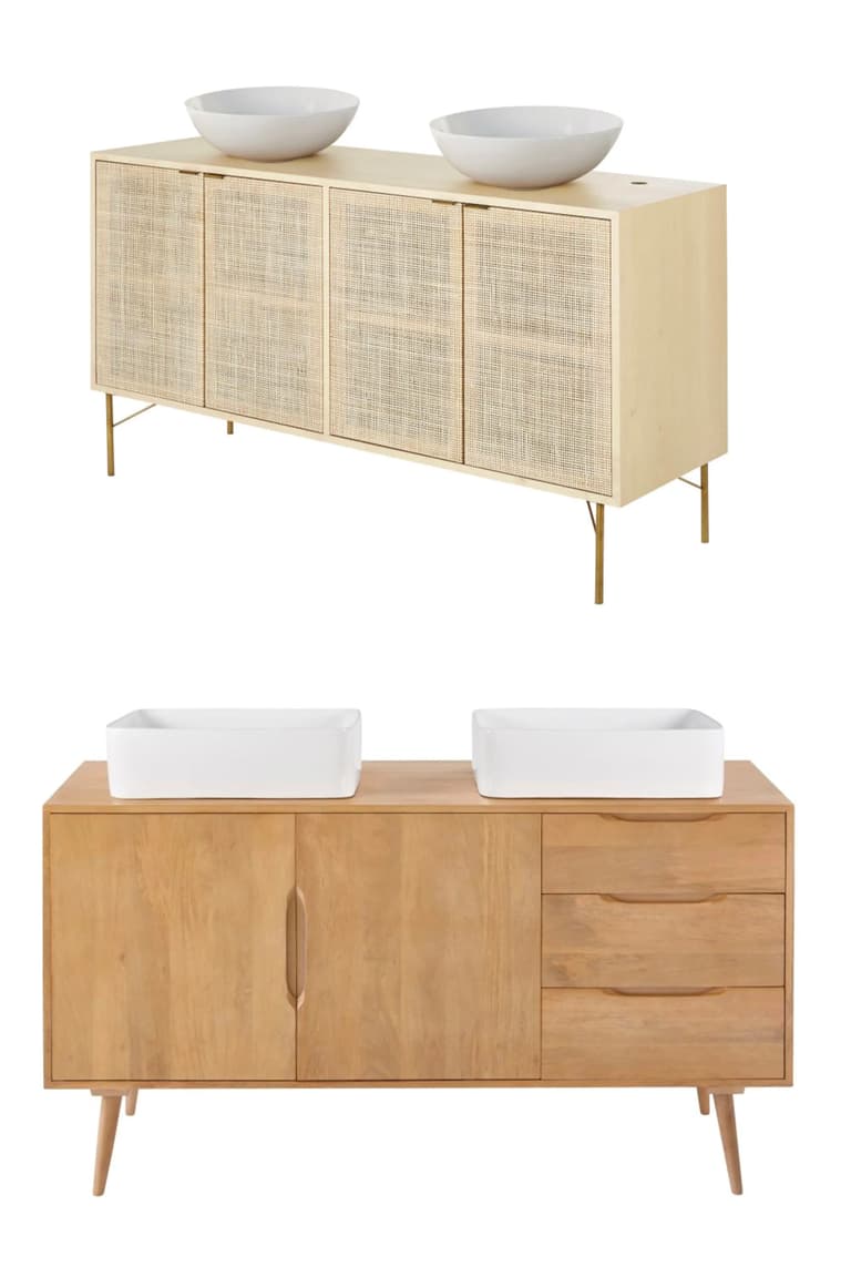 meuble double vasque ronde cannage rotin bois manguier