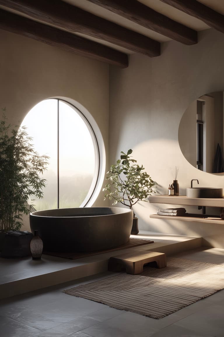 Salle de bain zen mêlant bois clair et matériaux minéraux