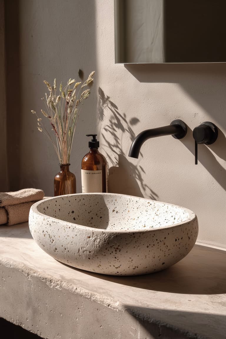 Vasque en pierre et bois dans une salle de bain aux matières naturelles