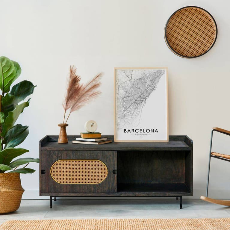 meuble tv bois noir cannage coulissant rangement salon vintage