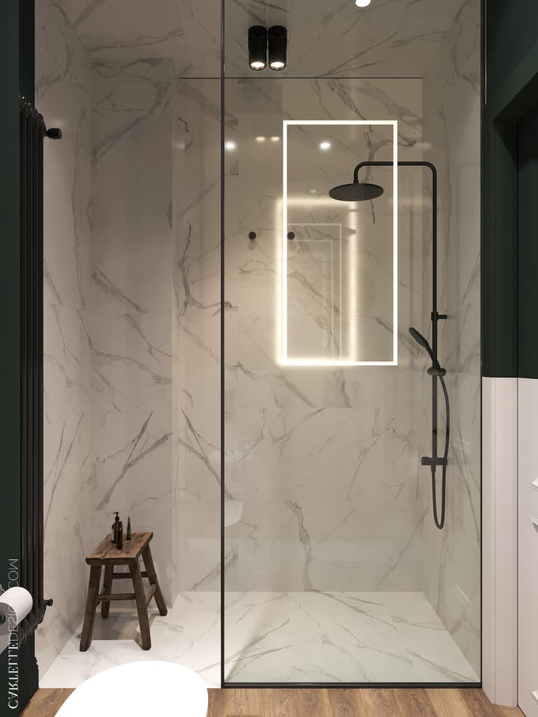 douche italienne noire robinet pommeau revêtement marbre blanc gris