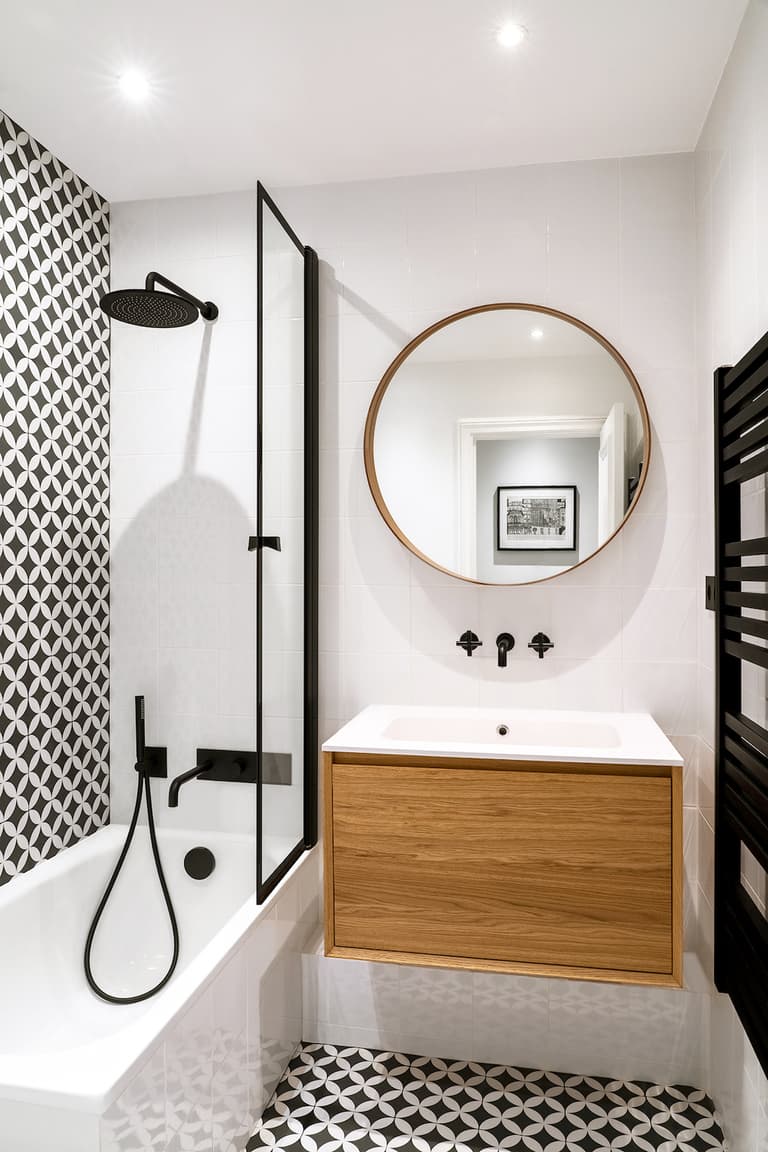 salle de bains noire blanche bois longueur - blog déco clem atc