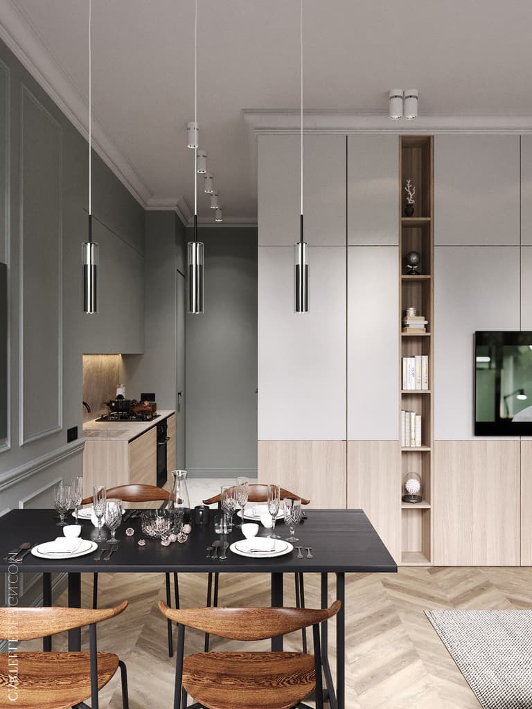 salon Haussmann soubassement bois moulure parquet point de Hongrie