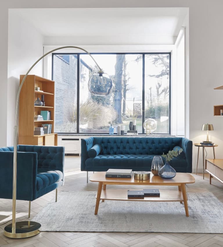 Salon gris bois bleu canard boudoir déco
