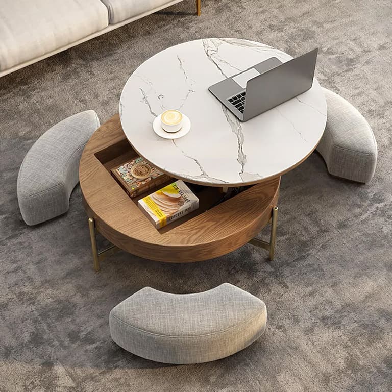 decoration chic élégante table basse ronde coulissante marbre bois laiton coussin gris