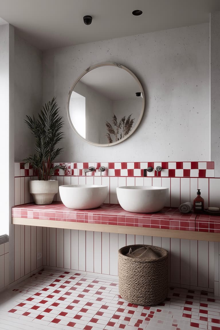 double vasque carrelage dépareillé graphique rouge blanc