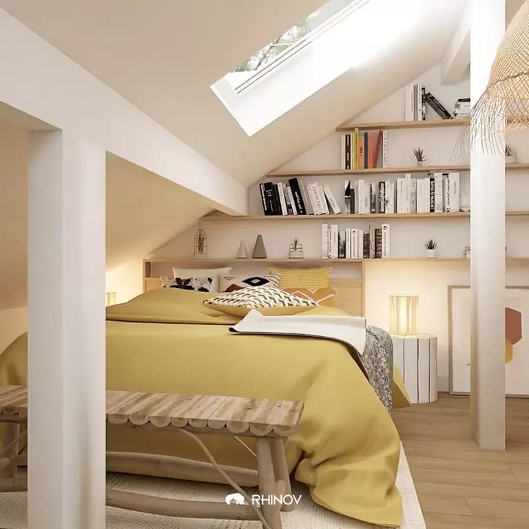 étagère sur mesure bois lit double plaid jaune suspension osier