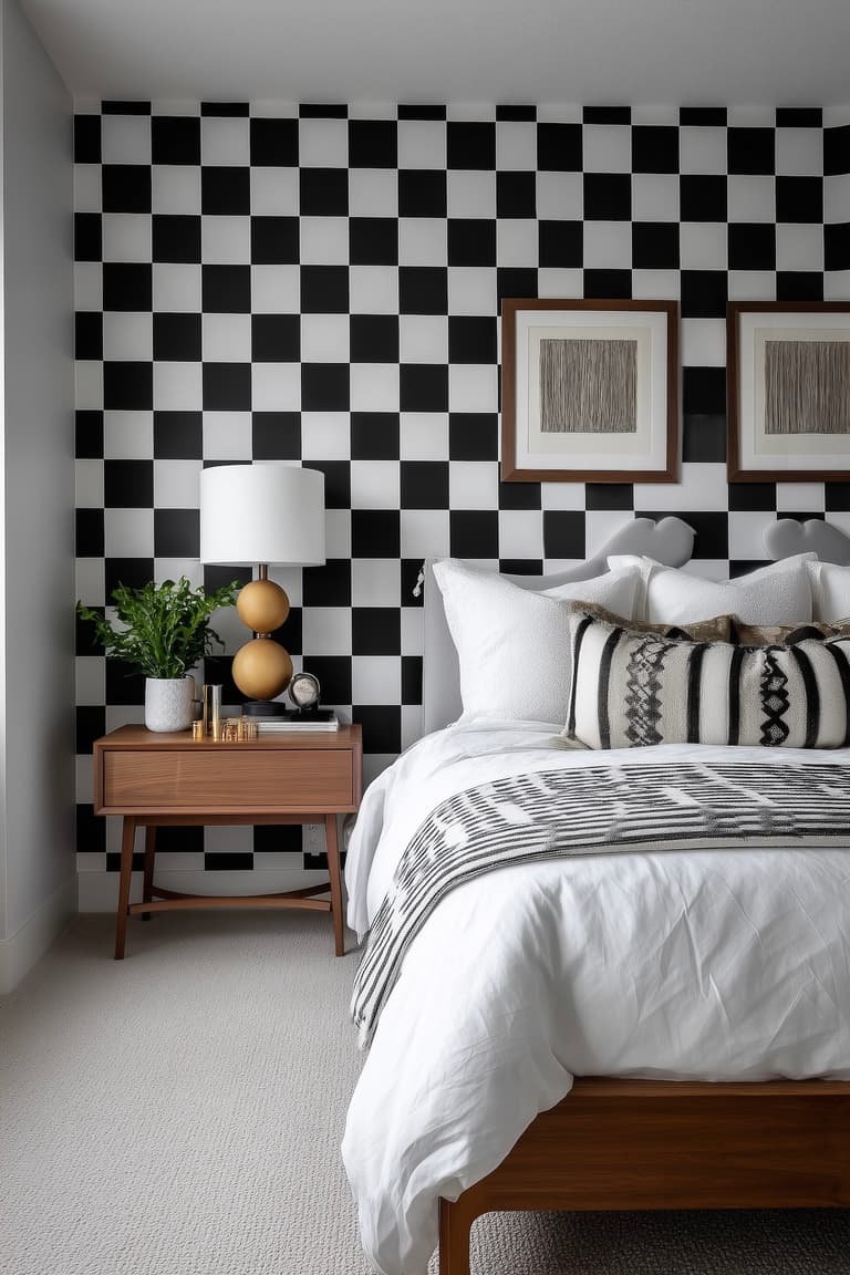 papier peint damier noir blanc chambre