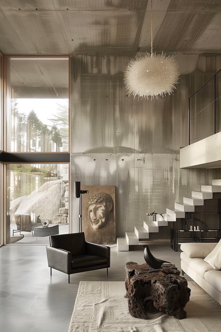 loft béton intérieur salon fauteuil cuir noir