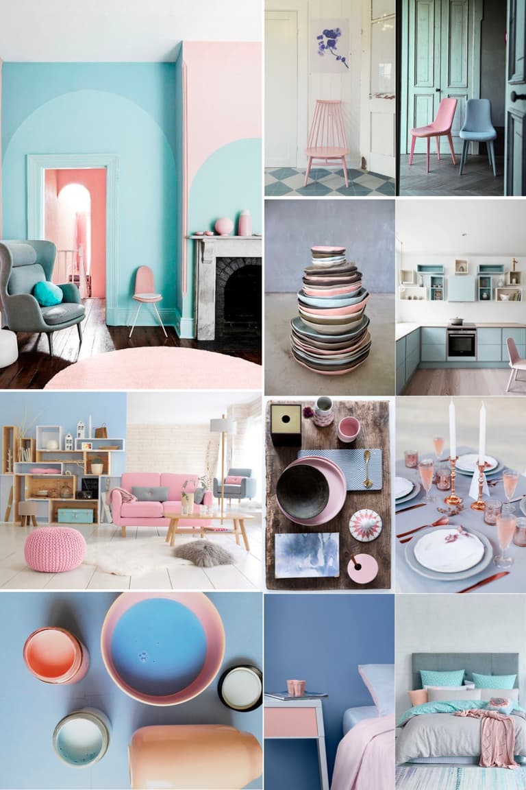 Mur bicolore en rose poudré et bleu pastel dans une décoration intérieure