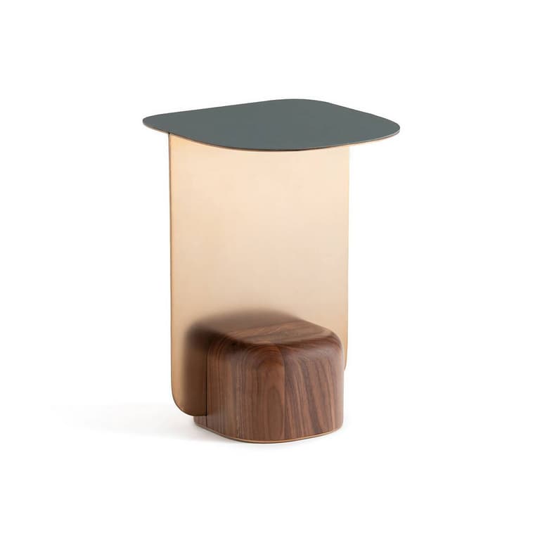 table basse design laiton métal noyer