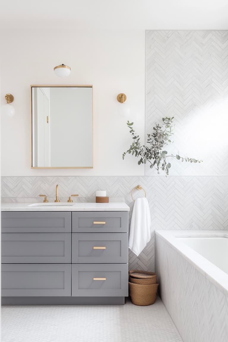 salle de bain carrelage chevron blanc meuble gris déco laiton
