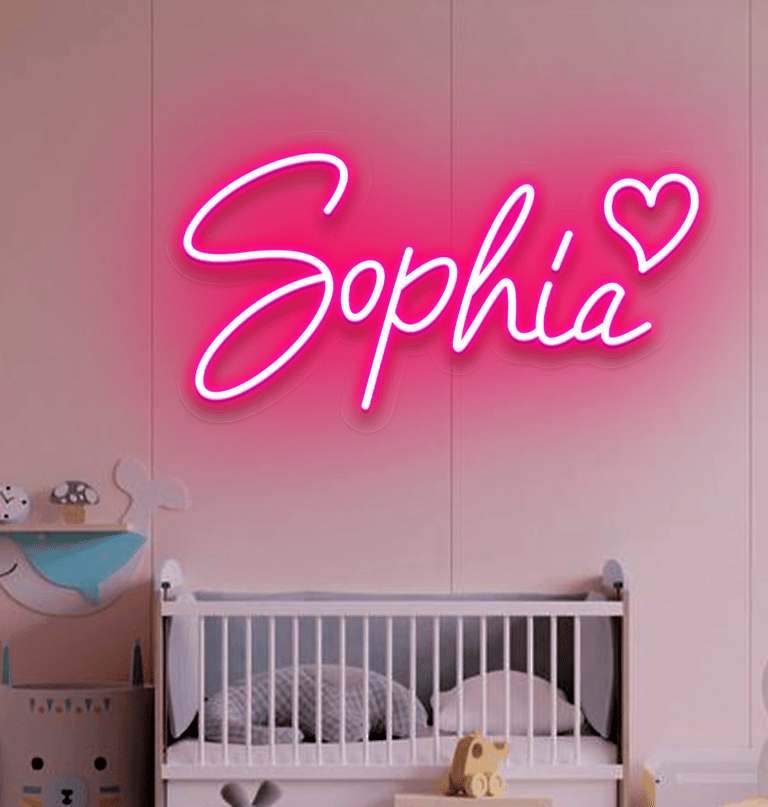 prénom neon rose chambre enfant bébé berceau blanc parquet bois