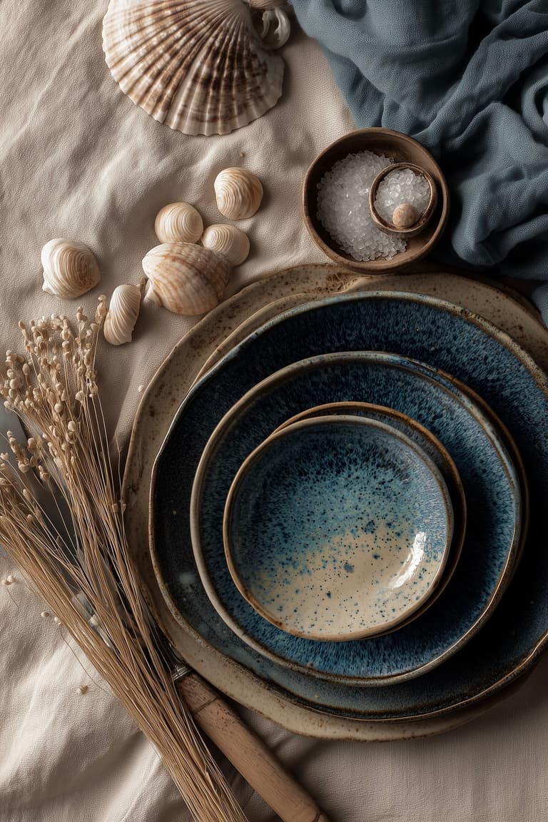 Assiette artisanale beige et bleue dans une décoration bord de mer