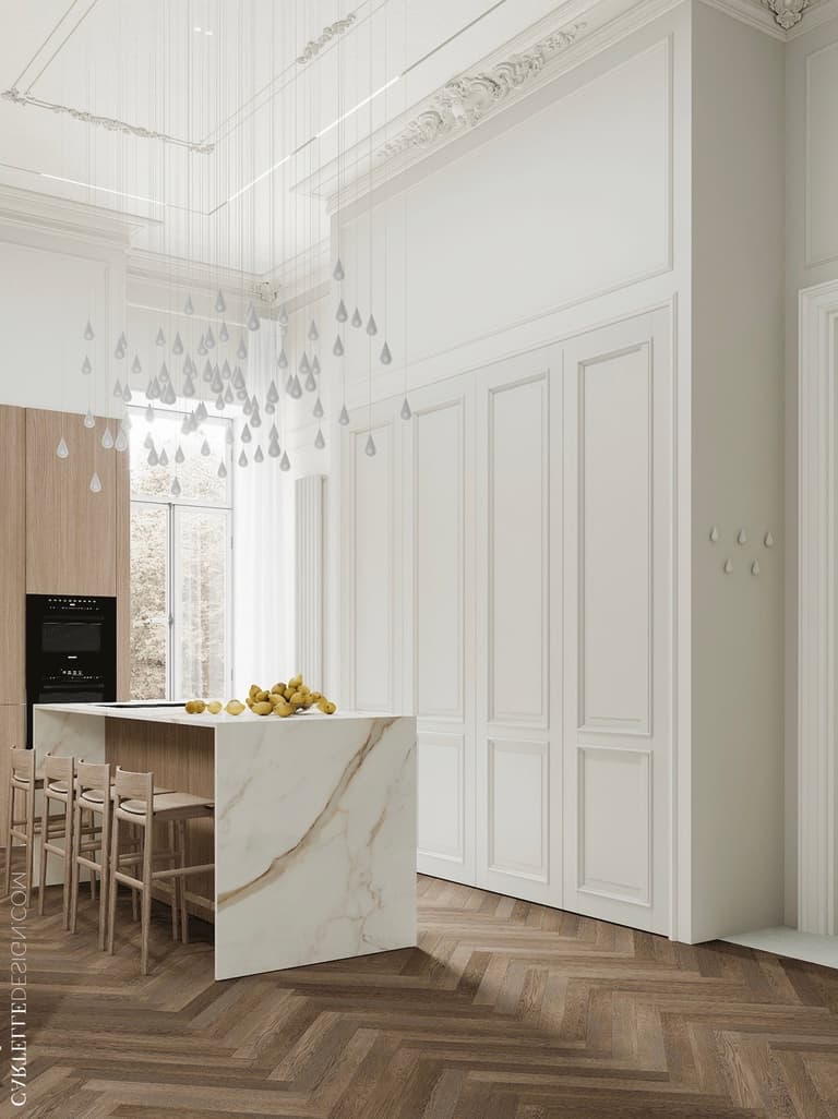 cuisine style parisien déco bois blanche ilot marbre doré