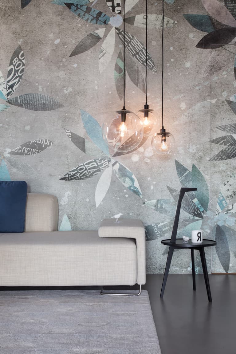 salon déco gris bleu papier peint façon collage