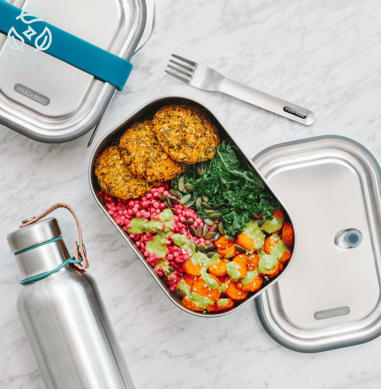 lunch box rectangle acier gris repas chaud froid élastique bleu pratique esthétique